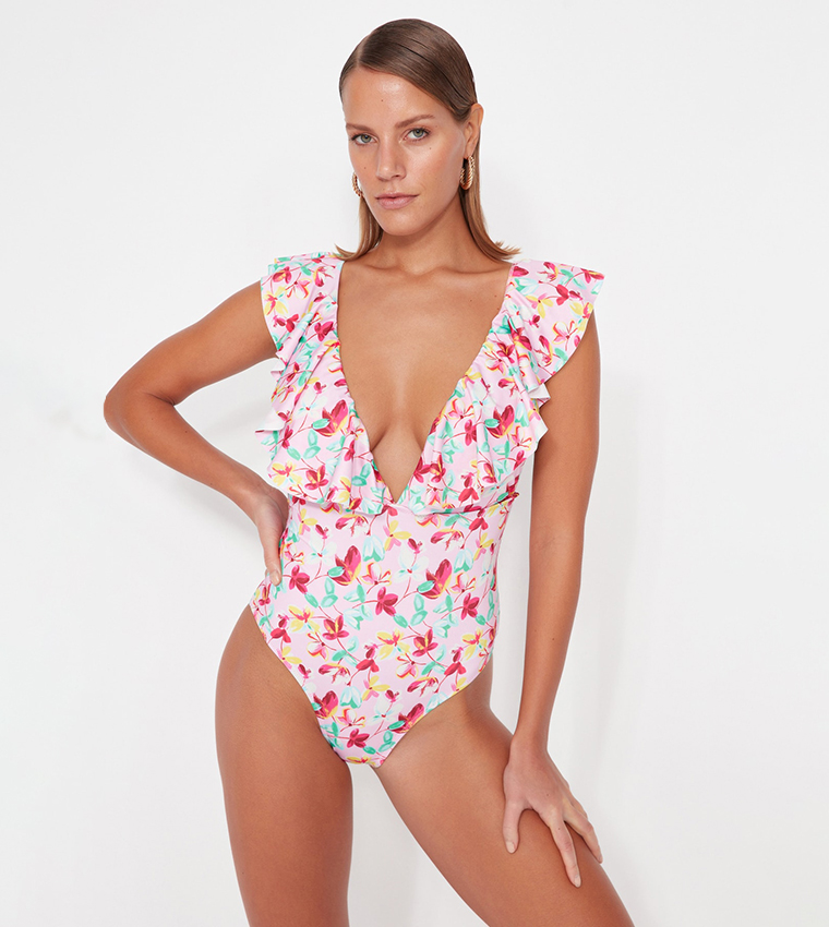 Pink floral swimsuit deals