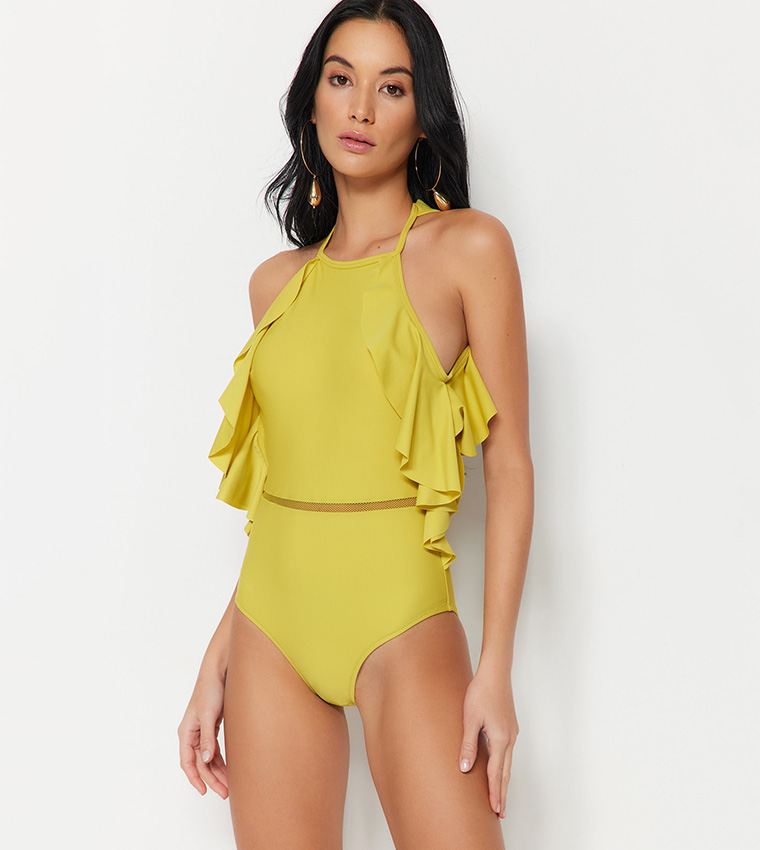 Yellow ruffle swimsuit hotsell