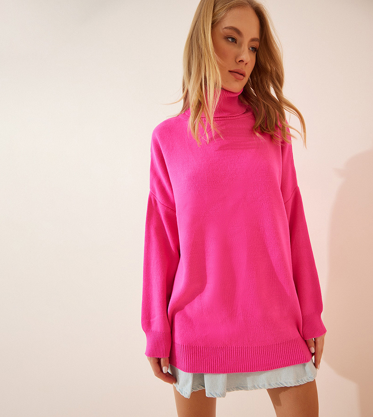 Hot pink oversized turtleneck clearance sweater