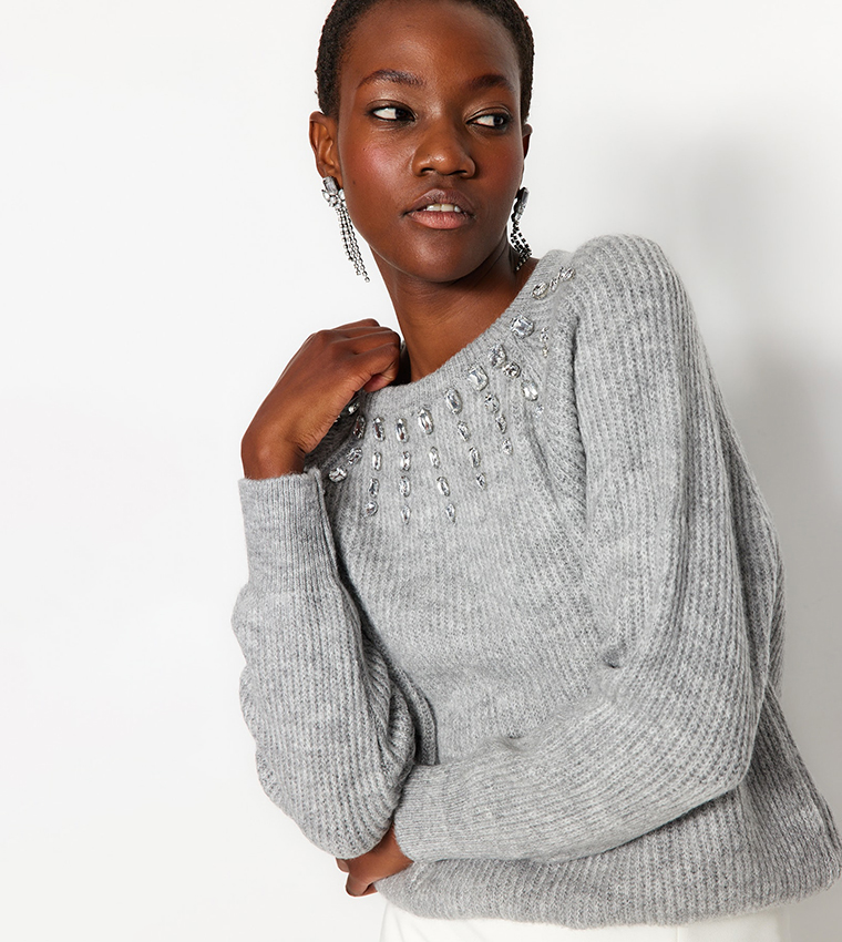 Buy Trendyol Stone Embellished Long Sleeves Sweater In Grey | 6thStreet  Bahrain