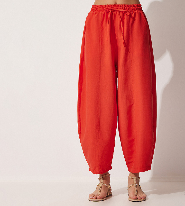 Buy Happiness İstanbul Solid Drawstring Waist Shalwar Trousers In Red