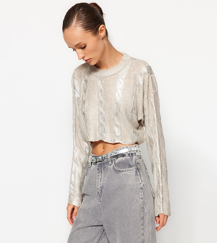 Buy Trendyol Metallic Knitted Crop Sweater In Silver 6thStreet UAE