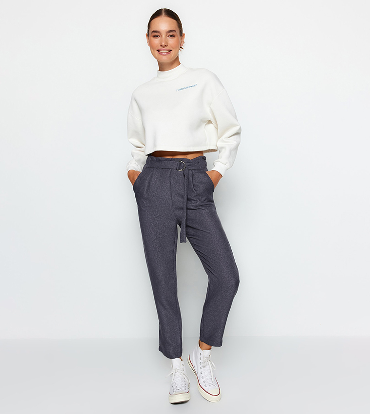 Buy Trendyol Belted Slim Fit Trousers In Grey