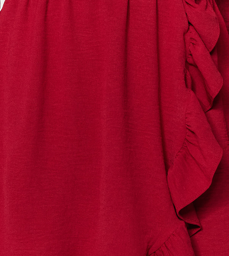 Solid Surplice Neck Ruffle Detail Mini Dress
