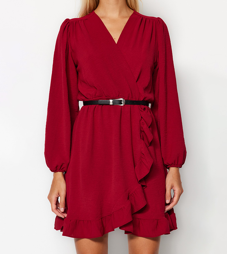 Solid Surplice Neck Ruffle Detail Mini Dress
