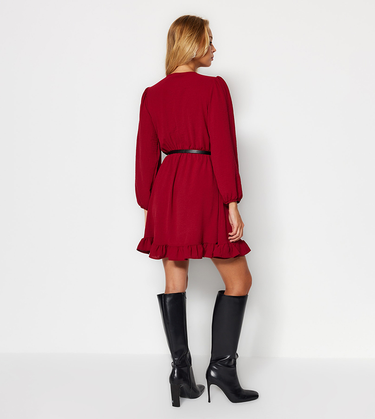 Solid Surplice Neck Ruffle Detail Mini Dress
