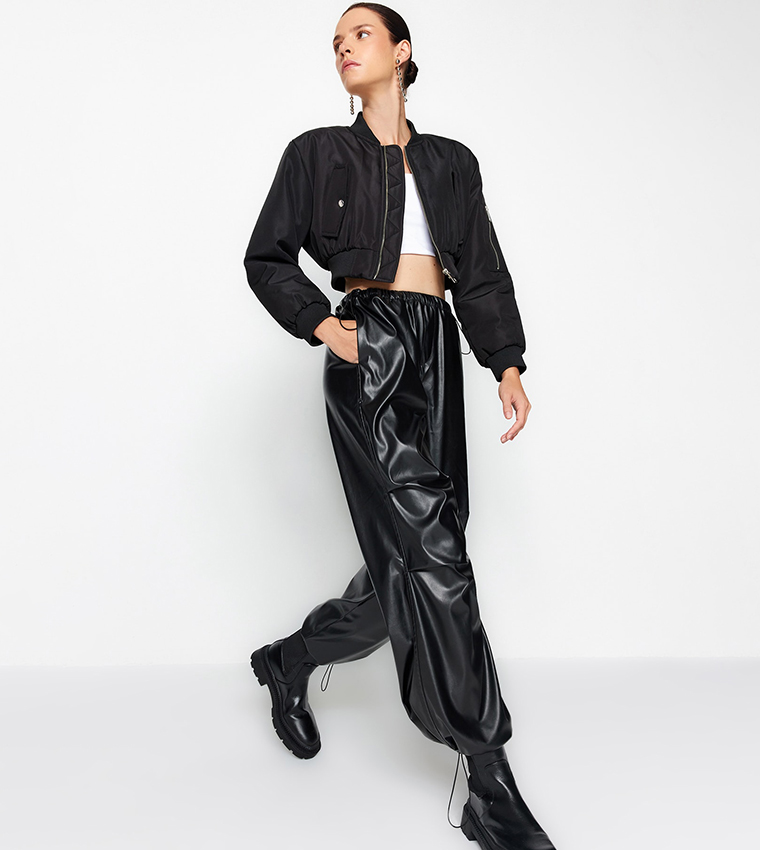 Buy Trendyol Faux Leather High Waist Parachute Pants In Black