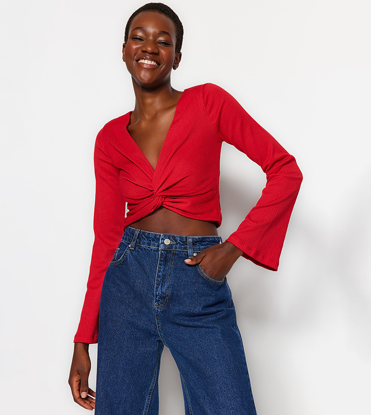 Red long best sale sleeve wrap top