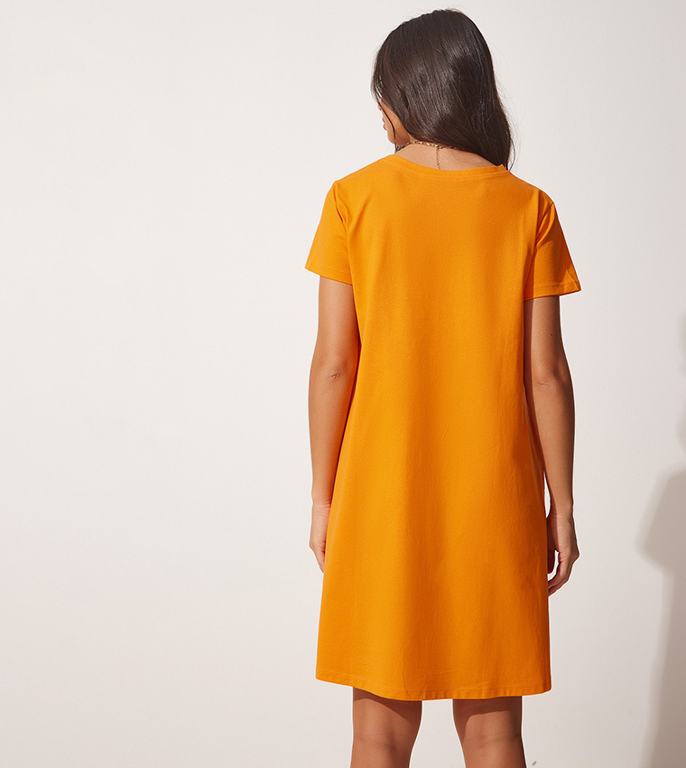 Orange short 2025 sleeve dress