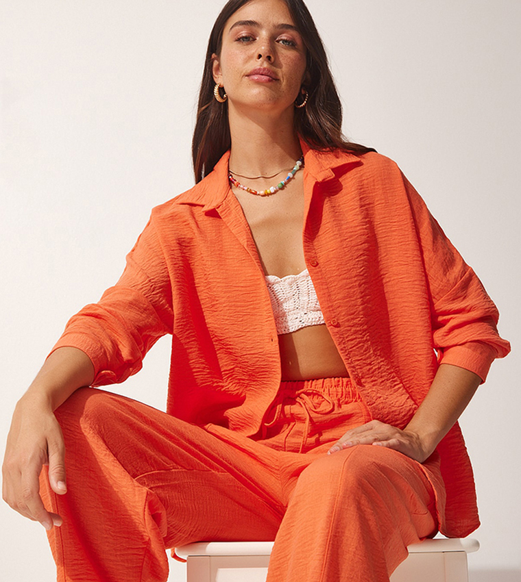 Buy Happiness İstanbul Solid Linen Co Ord Set In Orange