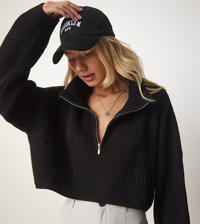 Half-Zipper Knitted Crop Sweater
