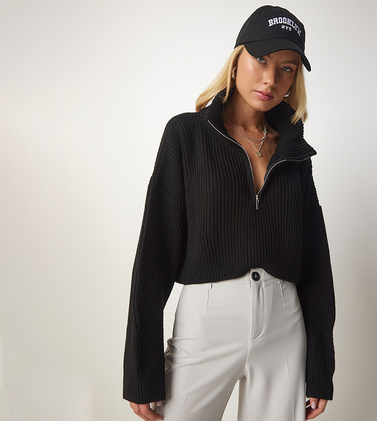 Half-Zipper Knitted Crop Sweater