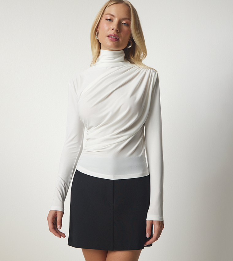 Solid Ruched High Neck Top