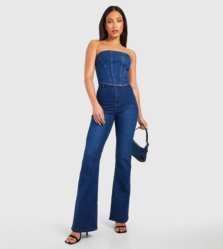 Buy Boohoo Basics High Waist Skinny Flared Jeans In Blue | 6thStreet Qatar