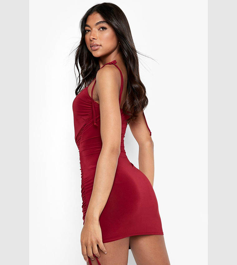 Buy Boohoo Slinky Ruched Side Mini Dress In Red