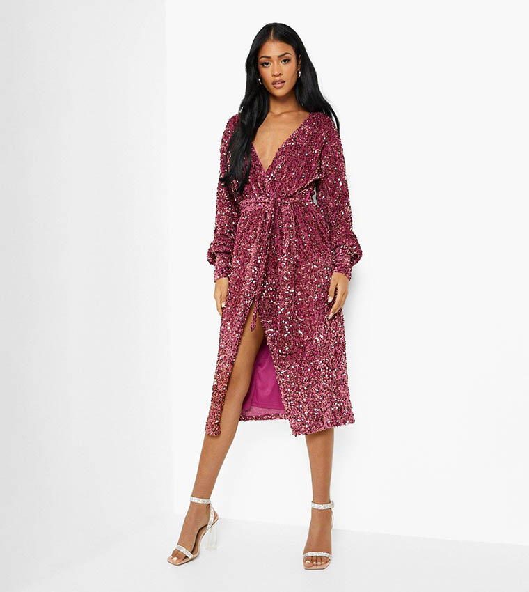 Buy Boohoo Sequin Velvet Belted Midi Dress In Pink 6thStreet