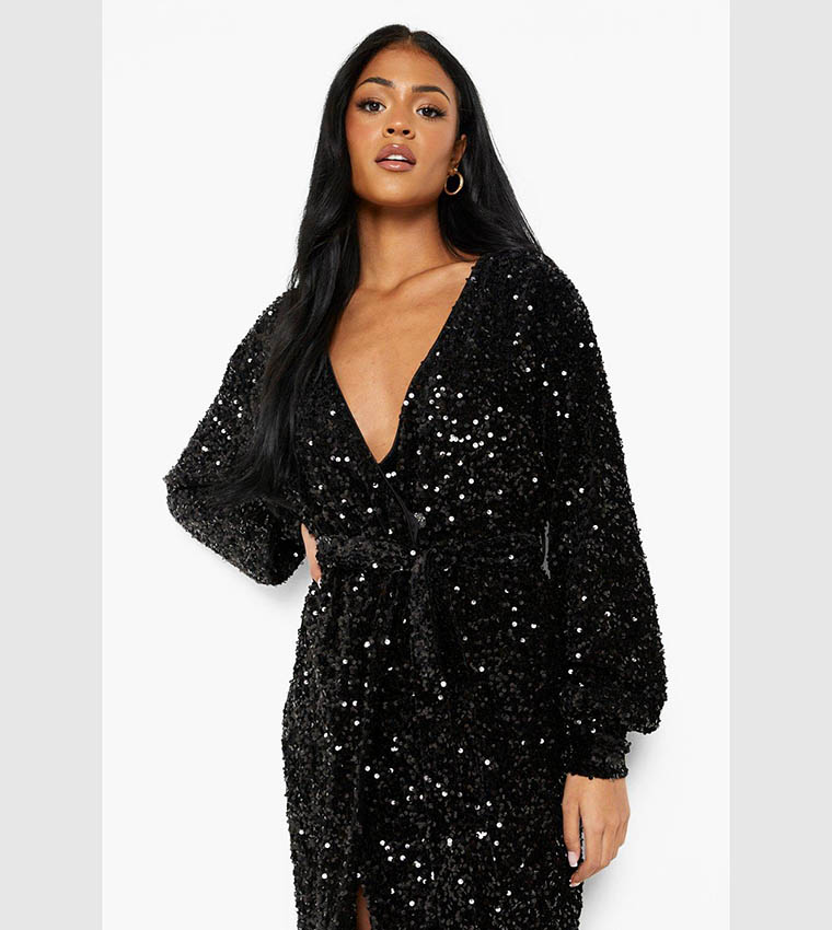 Boohoo Black Velvet Dress Long Sleeve Boohoo Velvet Wrap Dress Skater Dress  Boohoo Velvet