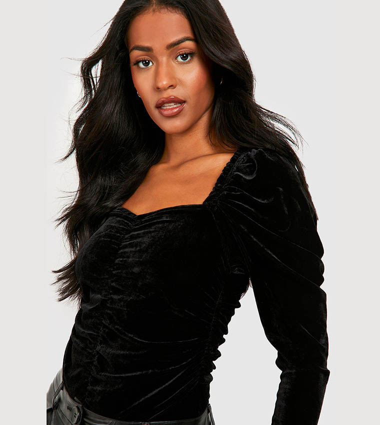 Buy Boohoo Ruched Velvet Bodysuit Top In Black