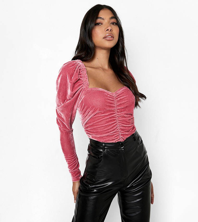 Buy Boohoo Ruched Velvet Bodysuit Top In Pink