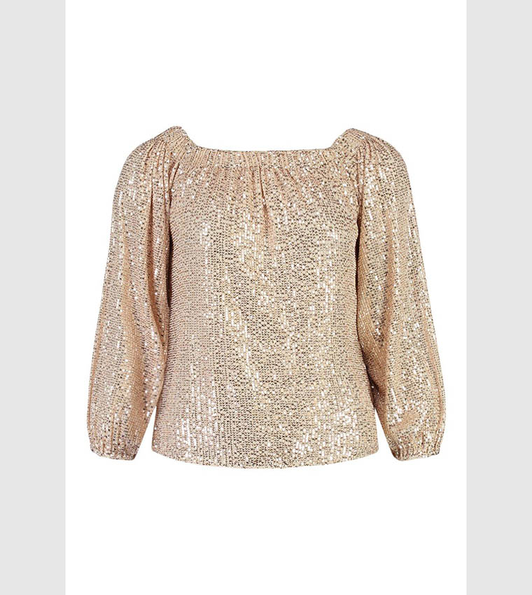 Buy Boohoo Sequin Bardot Long Sleeves Top In Gold 6thStreet UAE - Main Image