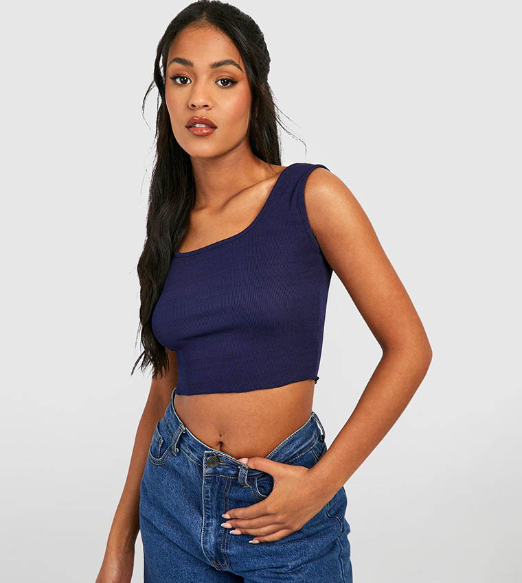 Buy Boohoo Ribbed Square Neck Crop Vest Top In Navy 6thStreet UAE