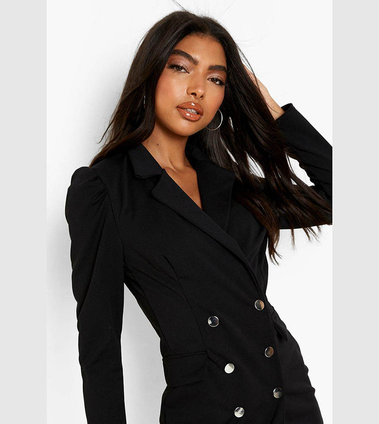 Black puff sleeve cheap button up blazer dress