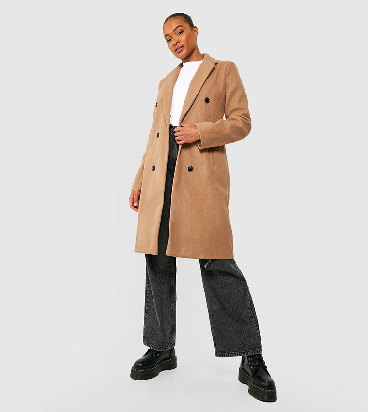 Boohoo Camel Double Breasted Duster Jacket Tie Cuff Double