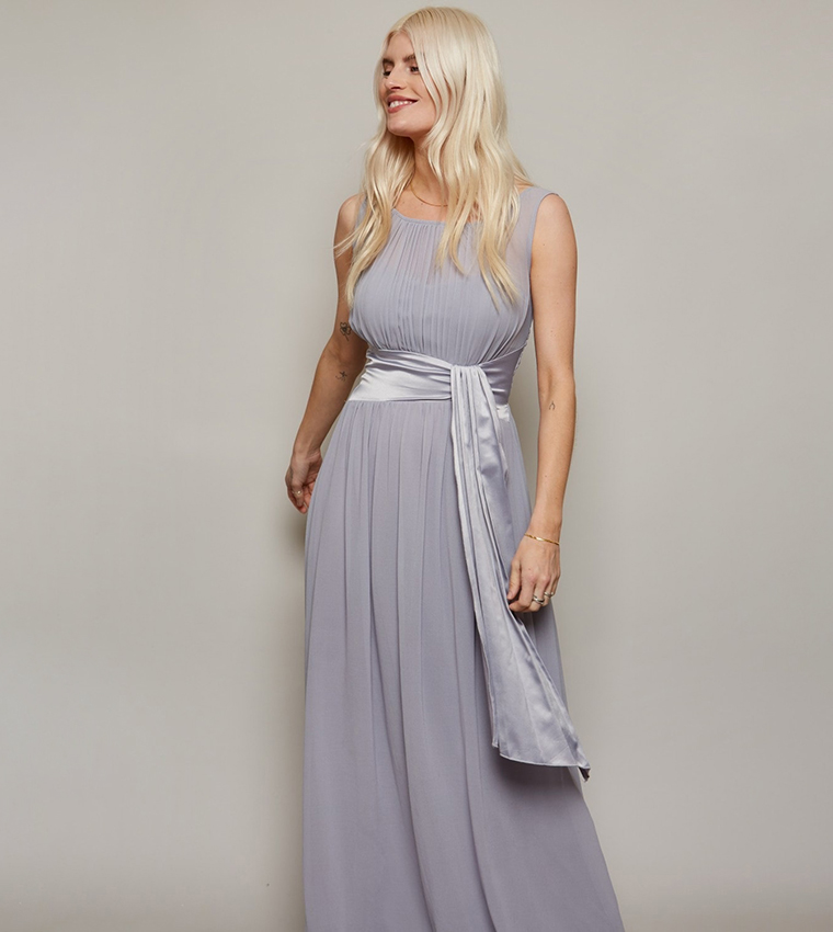 Buy Little Mistress Tie Detailed Sleeveless Maxi Dress In Grey - Main Image