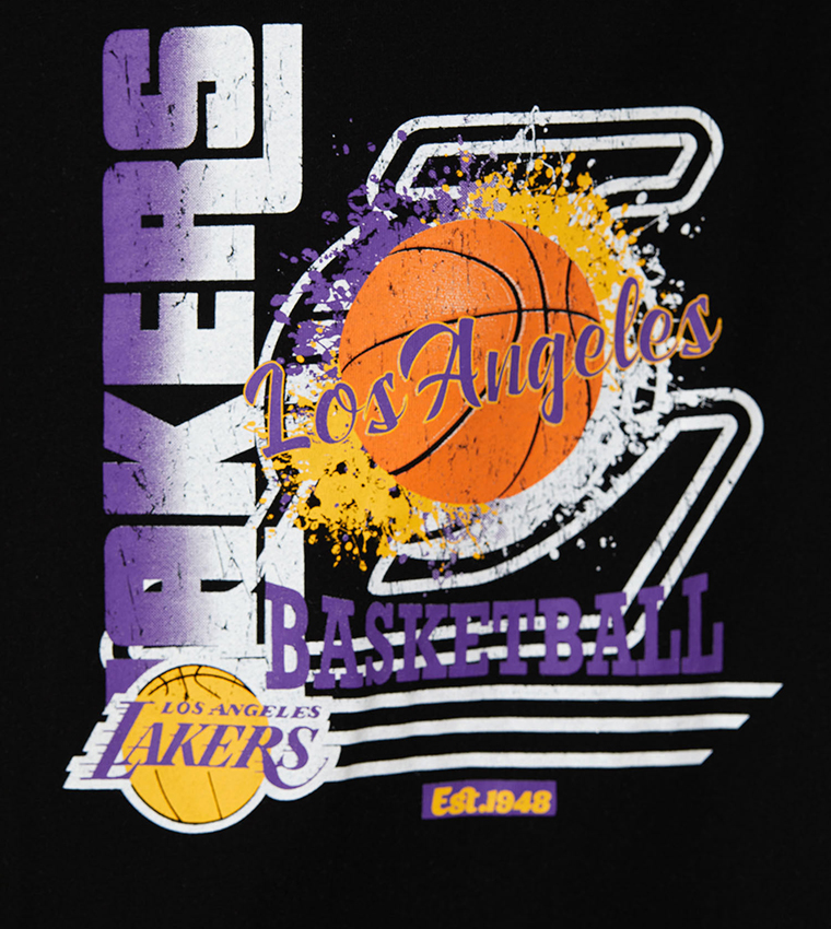 Defacto LA NBA Lakers Short Sleeve Hooded Cotton Sweatshirt Black