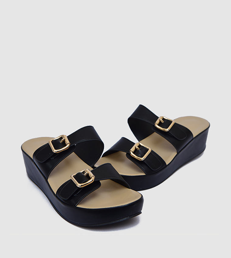 Double Strap Buckle Wedge Sandals