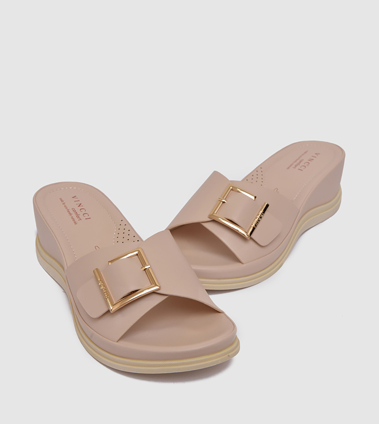 Buckle Detail Comfort Wedge Sandals