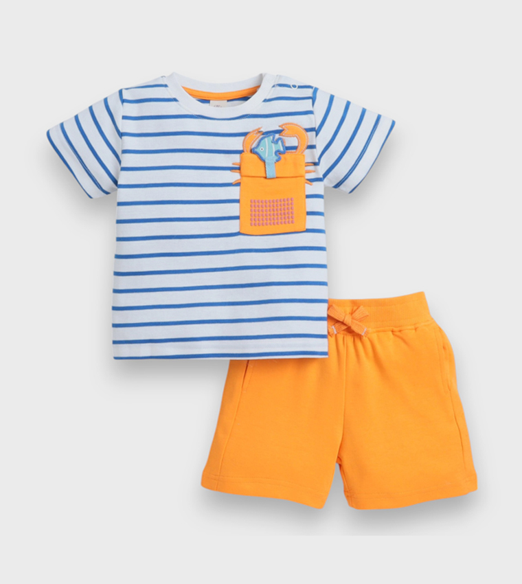Infants Striped Crew Neck T-Shirt and Shorts Set