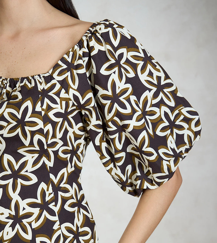 Floral Printed Square Neck A-Line Mini Dress