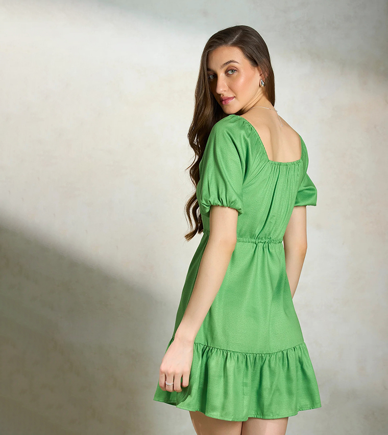 Solid Square Neck Belted Mini Dress