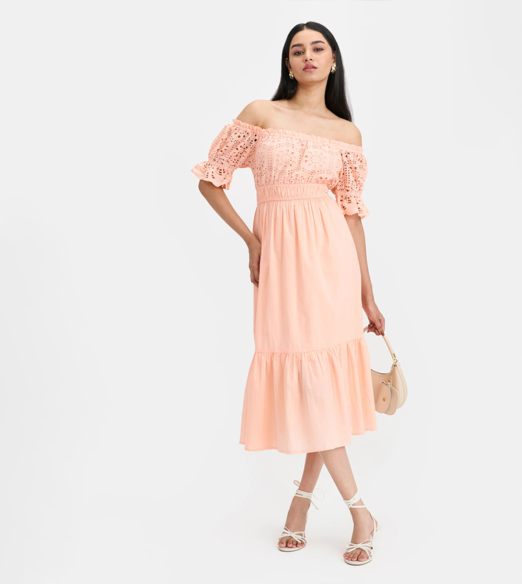 Schiffli Cotton Off-Shoulder Midi Dress