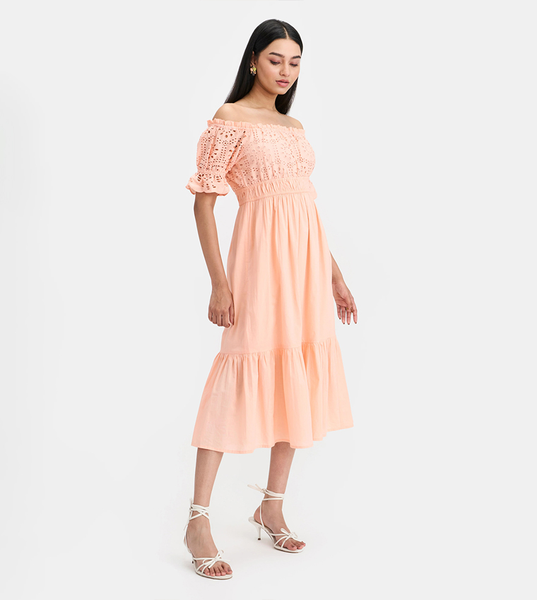 Schiffli Cotton Off-Shoulder Midi Dress
