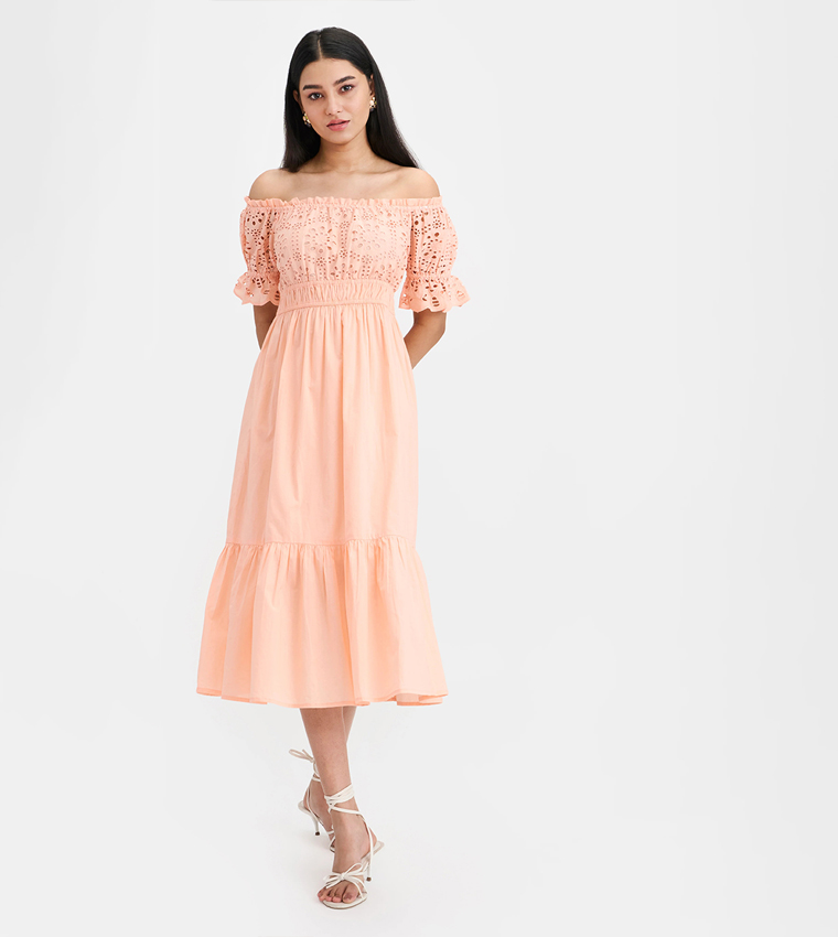 Schiffli Cotton Off-Shoulder Midi Dress