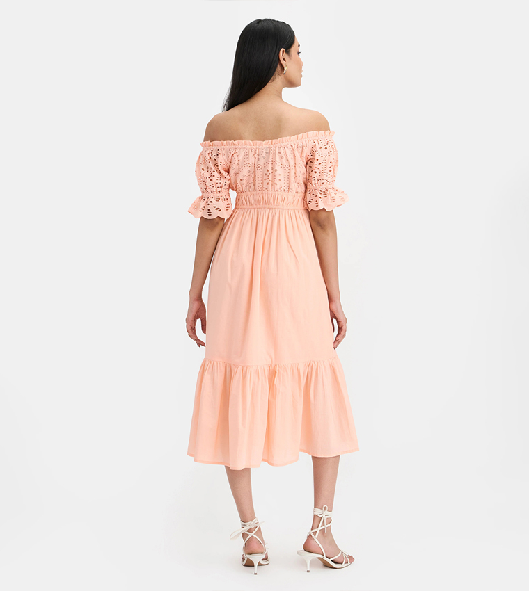 Schiffli Cotton Off-Shoulder Midi Dress
