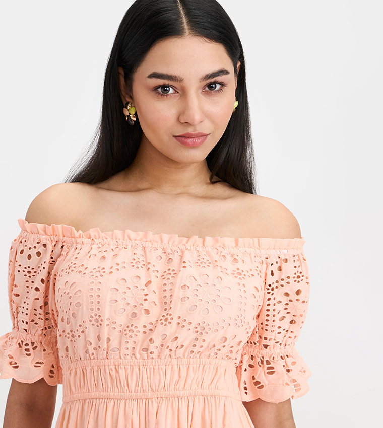 Schiffli Cotton Off-Shoulder Midi Dress