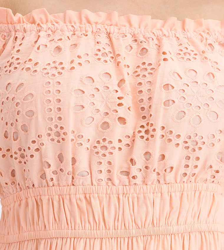 Schiffli Cotton Off-Shoulder Midi Dress