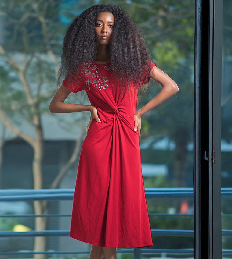 Embellished Crew Neck Viscose Midi Dress