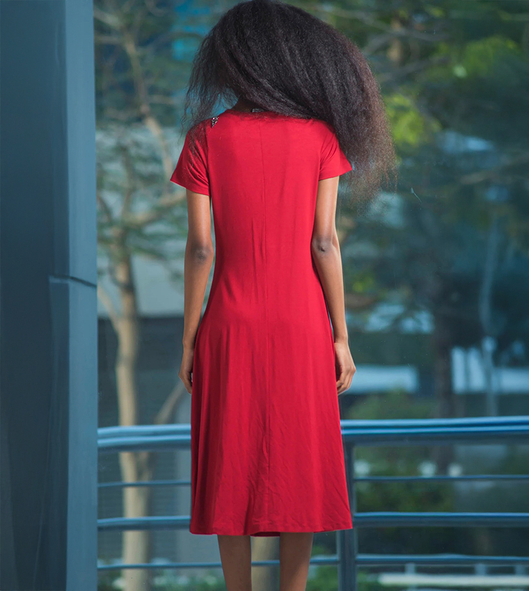 Embellished Crew Neck Viscose Midi Dress