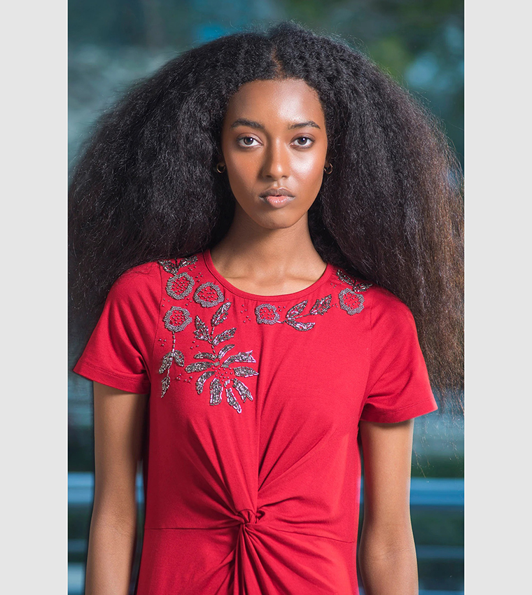 Embellished Crew Neck Viscose Midi Dress