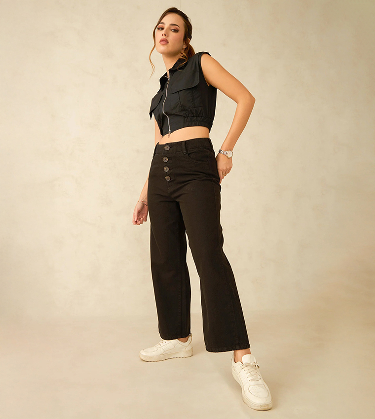 بنطال جينز قطن سادة بخصر عالي