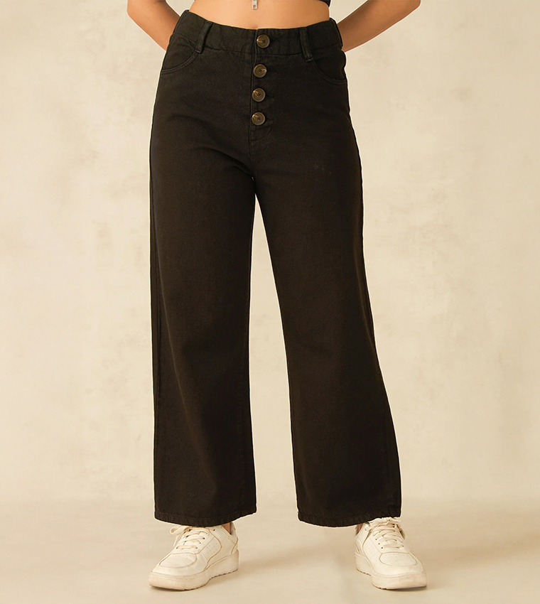 بنطال جينز قطن سادة بخصر عالي