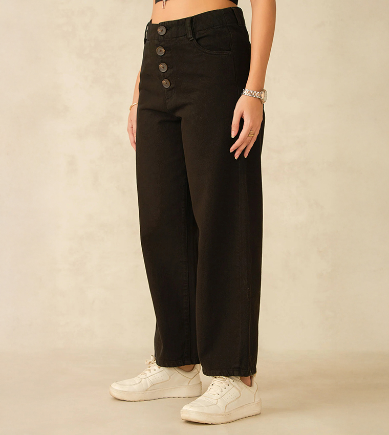 بنطال جينز قطن سادة بخصر عالي