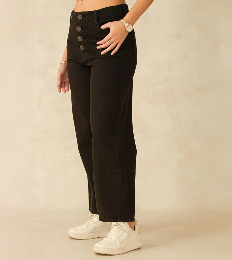 بنطال جينز قطن سادة بخصر عالي