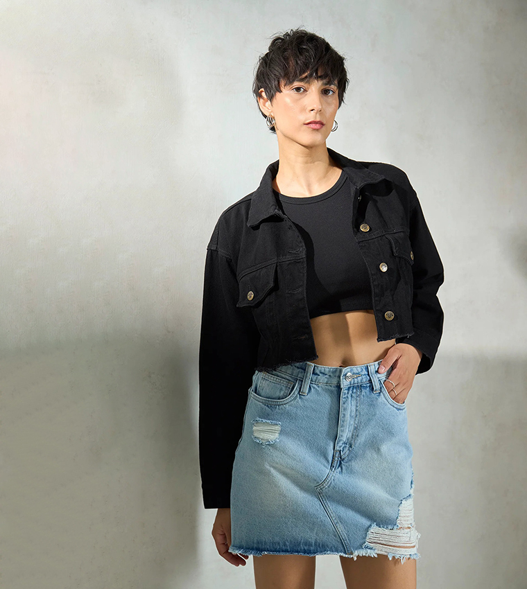 Washed Long Sleeves Crop Denim Jacket