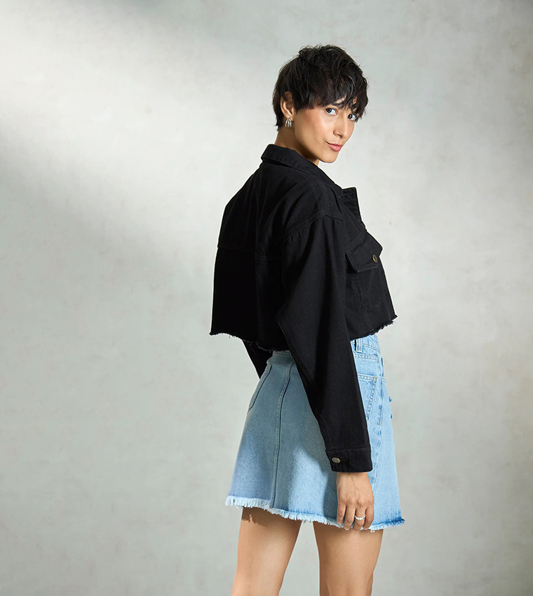 Washed Long Sleeves Crop Denim Jacket