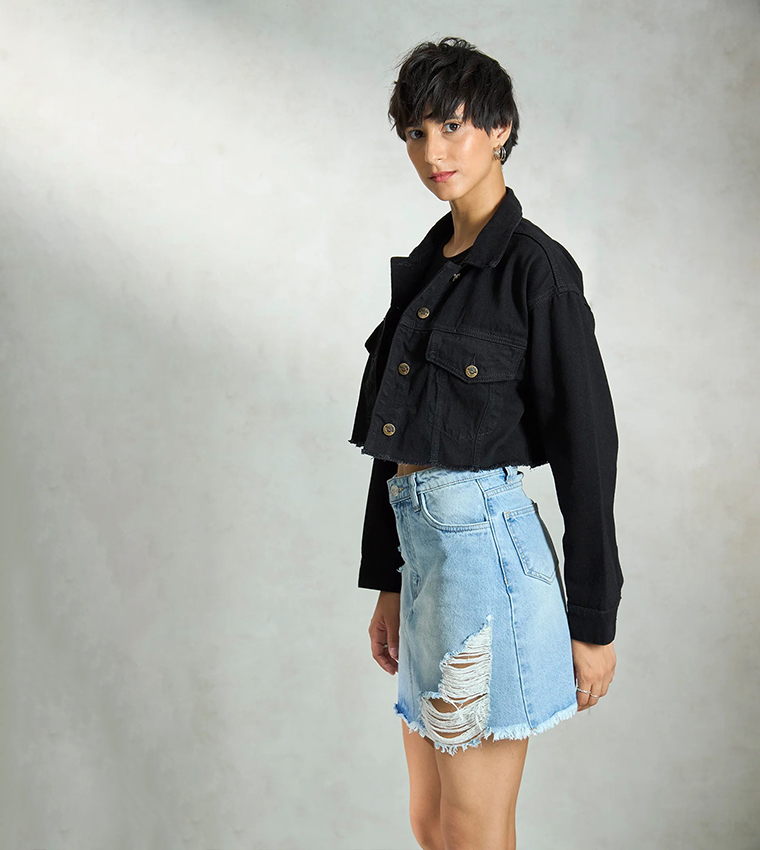 Washed Long Sleeves Crop Denim Jacket